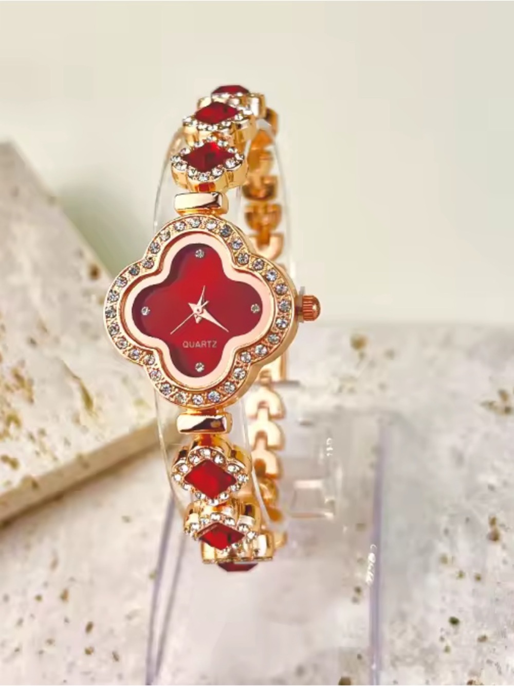 Kohl's Gold-Tone Red Floral Crystal Bracelet Watch - Women Jewelry